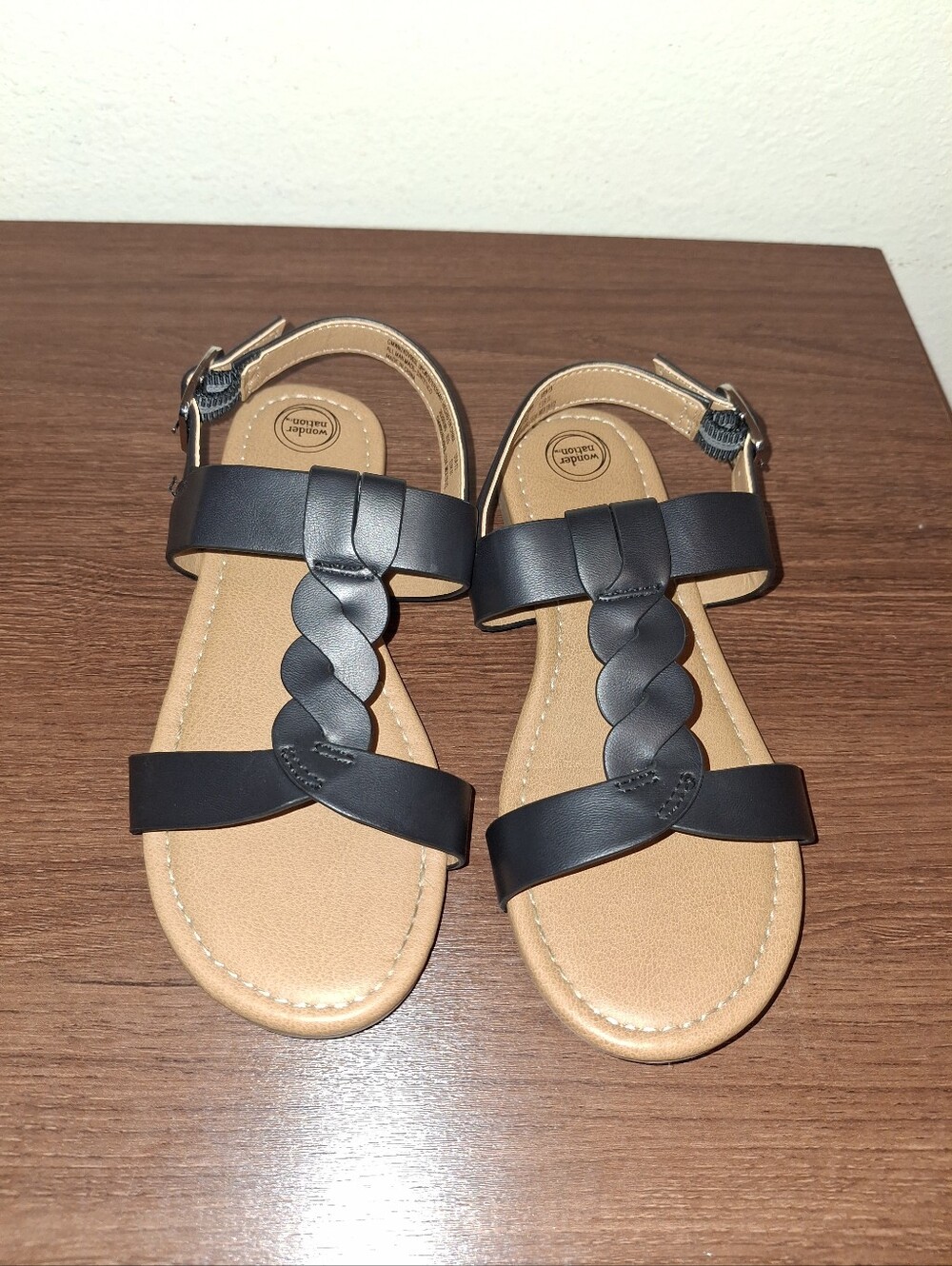 Black Braided T-Strap Sandals